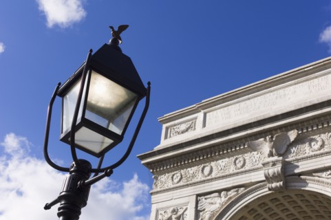 Lamp post in front of Washington Square arch.