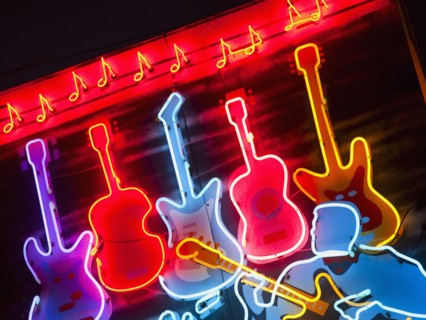 Illuminated guitars on Beale Street in Memphis.