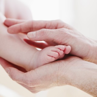 Hands cradling baby's foot. Photo : Jamie Grill