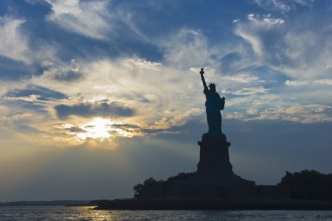 Statue of liberty at dusk.