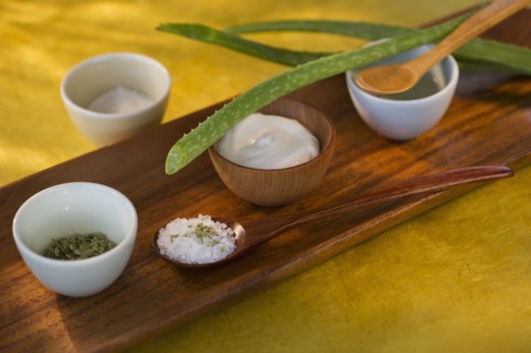 Aloe Vera dried herbs lotion and salt on wooden tray. Photo : Daniel Grill
