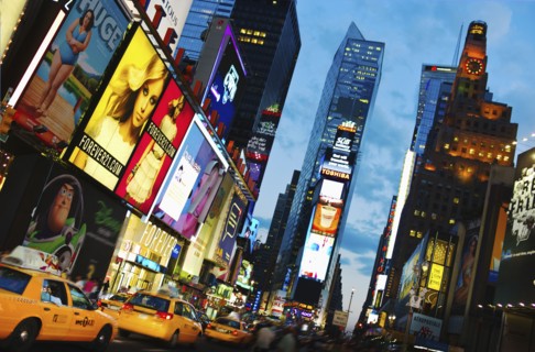 Times Square New York City at dusk.