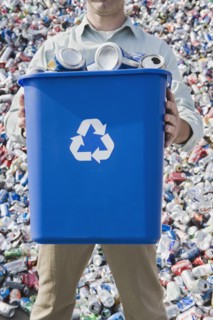 Man holding blue bin.