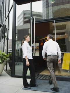 Customers walking into building.