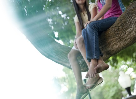 Two girls sitting in a tree. Photo : Tim Pannell