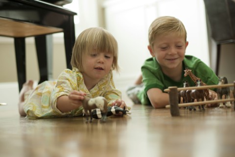Brother and sister playing with toy animals. Photo. Tim Pannell