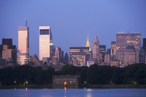 USA, New York State, New York City, Skyline with Bloomberg Building and Chrysler Building at dusk,