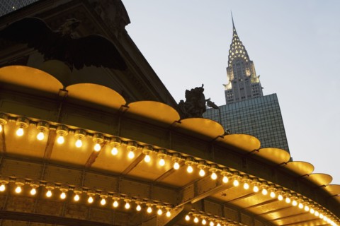 USA, New York State, New York City, Manhattan, Illuminated roof of Grand Central Terminal and
