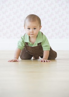 Baby boy (12-17 months) crawling on floor. Photo : Daniel Grill