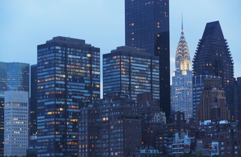 USA, New York State, New York City, Manhattan, Skyscrapers and Chrysler Building at dusk. Photo :