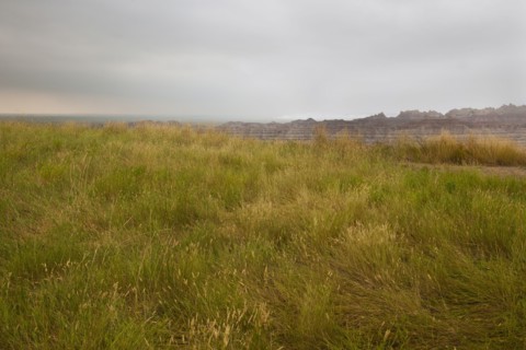 USA, South Dakota, Stormy clouds over prairie grass in Badlands National Park.