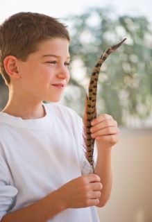 Boy (10-11) holding feather. Photo : Daniel Grill