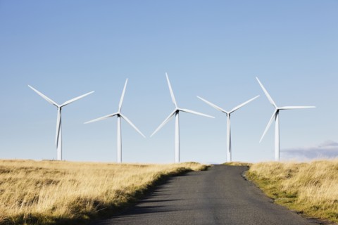 Road leading to wind turbines. Photo : Jon Boyes