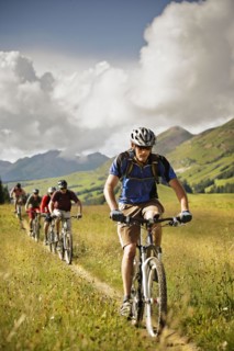 Men mountain biking on trail. Photo : Shawn O'Connor