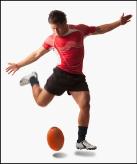 Male rugby player kicking ball. Photo : Mike Kemp
