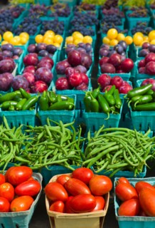 Vegetables and fruits in boxes.