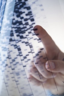 Human finger touching DNA chart.
