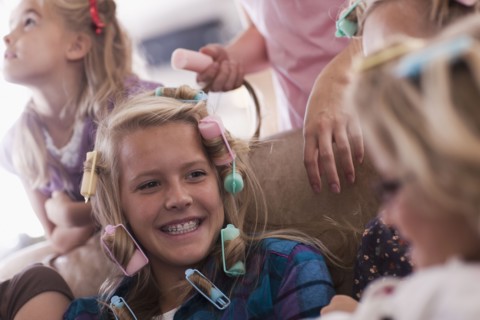 USA, Utah, family portrait of sisters (6-7, 8-9, 12-13, 14-15, 16-17) preparing hairs and having
