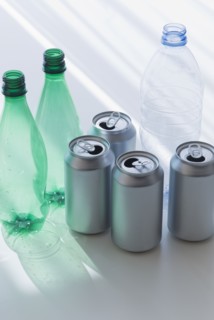Plastic bottles and cans for recycling.