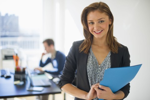 USA, New Jersey, Jersey City, Two young people in office.
