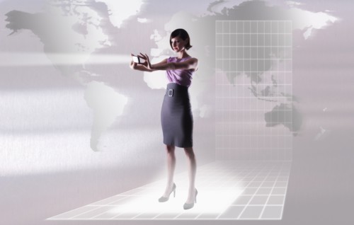 Young woman reflecting bright light by world map.