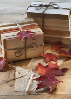 Autumn leaves on letter by books.