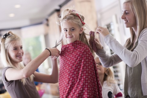 USA, Utah, family portrait of sisters (6-7, 8-9, 12-13, 14-15, 16-17) preparing hairs and having
