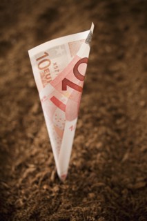 Ten euros Banknote growing from dirt, studio shot. Photo : Mike Kemp