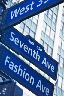 USA, New York, New York City, Street sign for Fashion Avenue and Seventh Avenue in Manhattan.