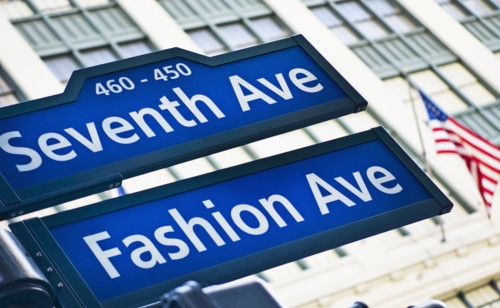 USA, New York, New York City, Street sign for Fashion Avenue and Seventh Avenue in Manhattan.