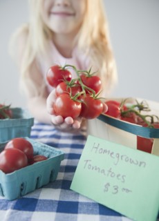 USA, New Jersey, Jersey City, Gil (8-9) showing home grown tomatoes. Photo : Jamie Grill