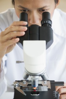 USA, New Jersey, Jersey City, Female scientist using microscope.