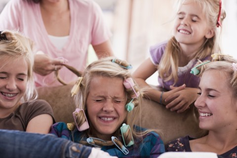 USA, Utah, family portrait of sisters (6-7, 8-9, 12-13, 14-15, 16-17) preparing hairs and having