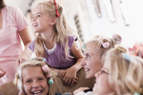 USA, Utah, family portrait of sisters (6-7, 8-9, 12-13, 14-15, 16-17) preparing hairs and having