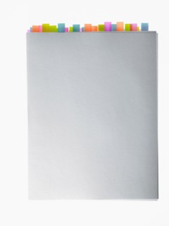 Studio shot of book edge with index cards. Photo : David Arky