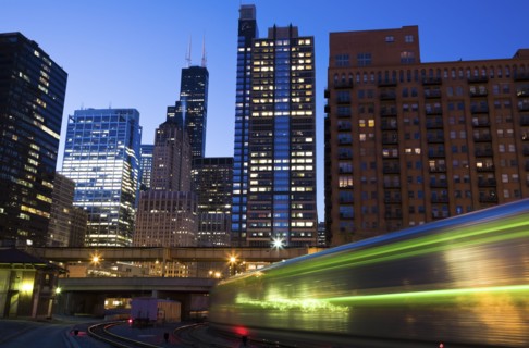 USA, Illinois, Chicago, night cityscape with train. Photo : Henryk Sadura
