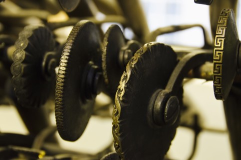 Close up of antique printing press.