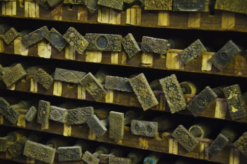 Close up of printing blocks from antique book binding.