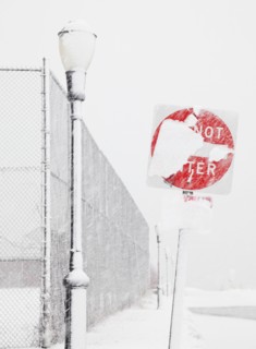 USA, New York State, Rockaway Beach, Do Not Enter Sign covered with snow. Photo : Jamie Grill