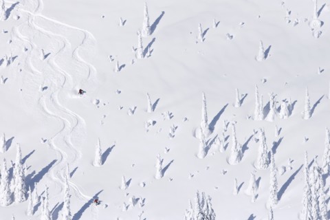 USA, Montana, Whitefish, aerial view of skiers on slope. Photo : Noah Clayton