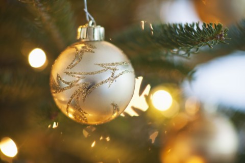 Christmas decoration hanging on Christmas tree, studio shot.