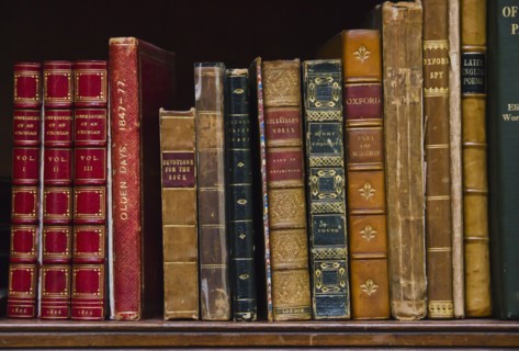 Close up of antique books on shelf.