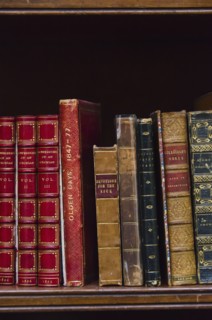 Close up of antique books on shelf.