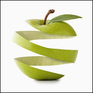 Apple peel in apple shape, studio shot. Photo : Mike Kemp