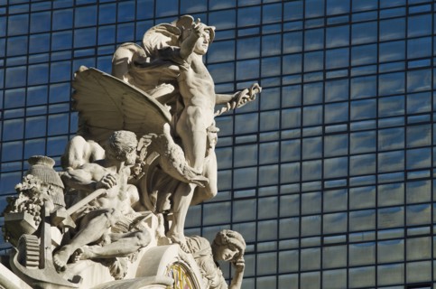 USA, New York City, Sculpture on top of Grand Central Station facade.