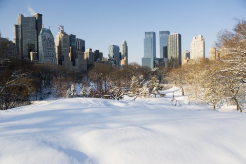 USA, New York City, View of Central Park in winter with Manhattan skyline in background. Photo :