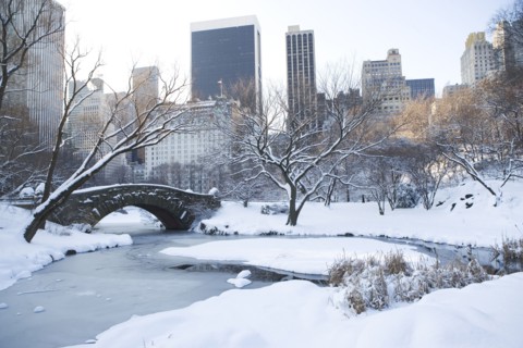 USA, New York City, View of Central Park in winter with Manhattan skyline in background. Photo :