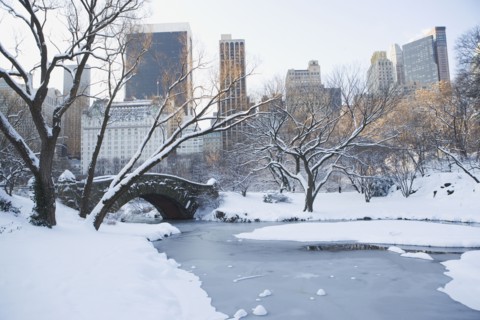 USA, New York City, View of Central Park in winter with Manhattan skyline in background. Photo :