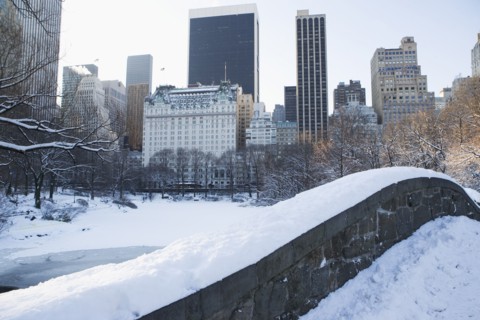 USA, New York City, View of Central Park in winter with Manhattan skyline in background. Photo :