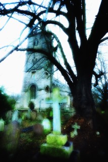 United Kingdom, Bristol, Trees and gravestones outside church.